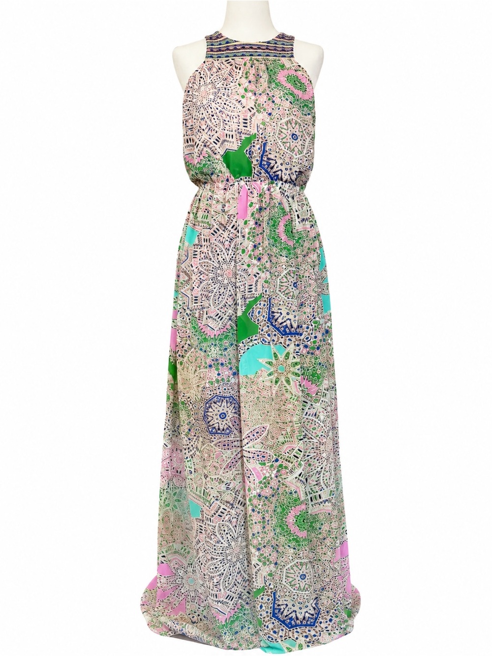 Doe & Rae Multi-Print Halter Maxi Dress in Pink & Green & Blue